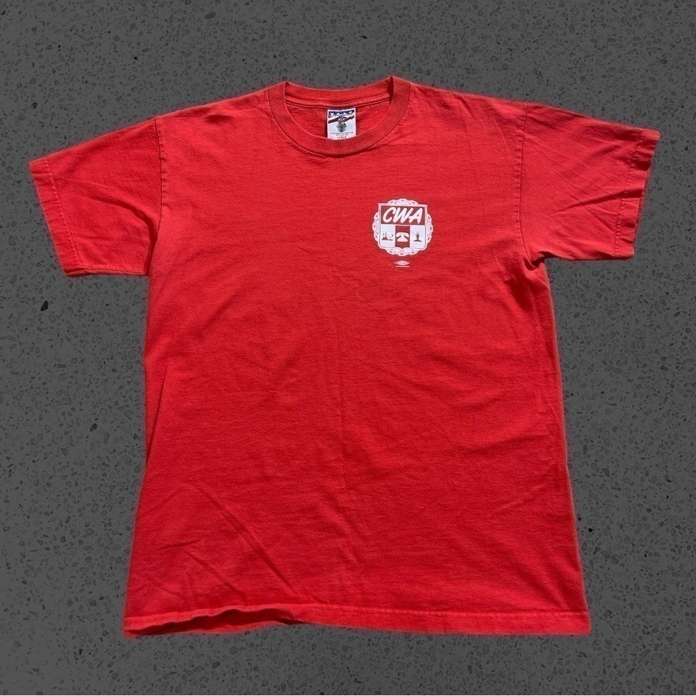 Vintage red union made in the USA t shirt CWA men’s L nice condition quality - Picture 3 of 5